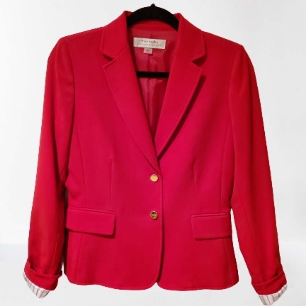 Tahari Red Two Button Rolled Cuff Blazer